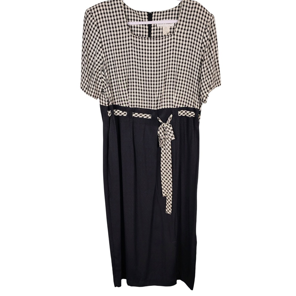 Betsy's Things Womens SZ 14 Gingham Midi Dress Black White Plaid Retro 90s